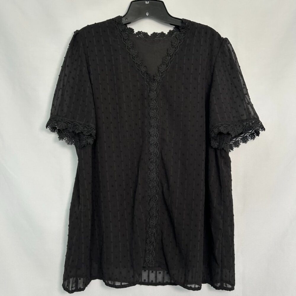 Black Lace‎ Trim Top with Textured Polka Dot Design - Size XL